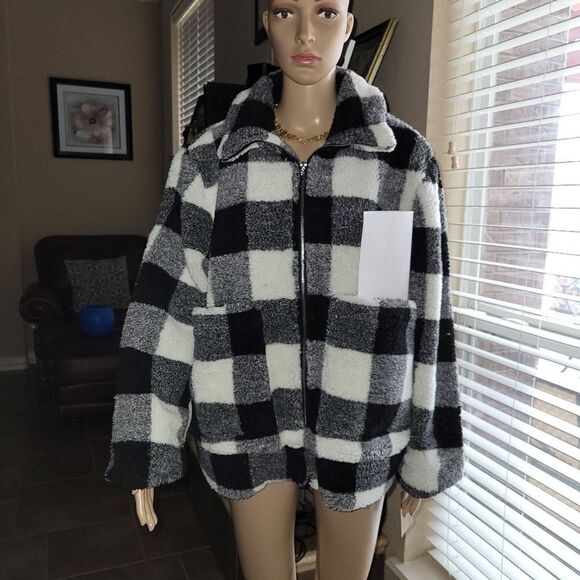 New Steve Madden Black & White Buffalo Plaid Fleece Zip-Up Women's Jacket - Picture 12 of 12
